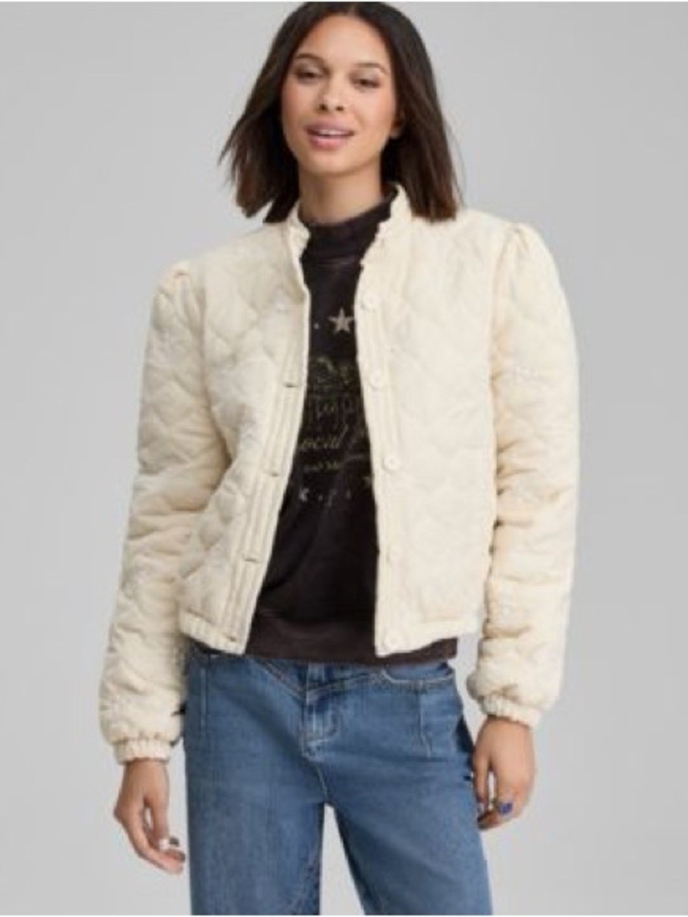 And Now This Women’s Quilted Cream Cropped Floral Embroidered Jacket Petite Med